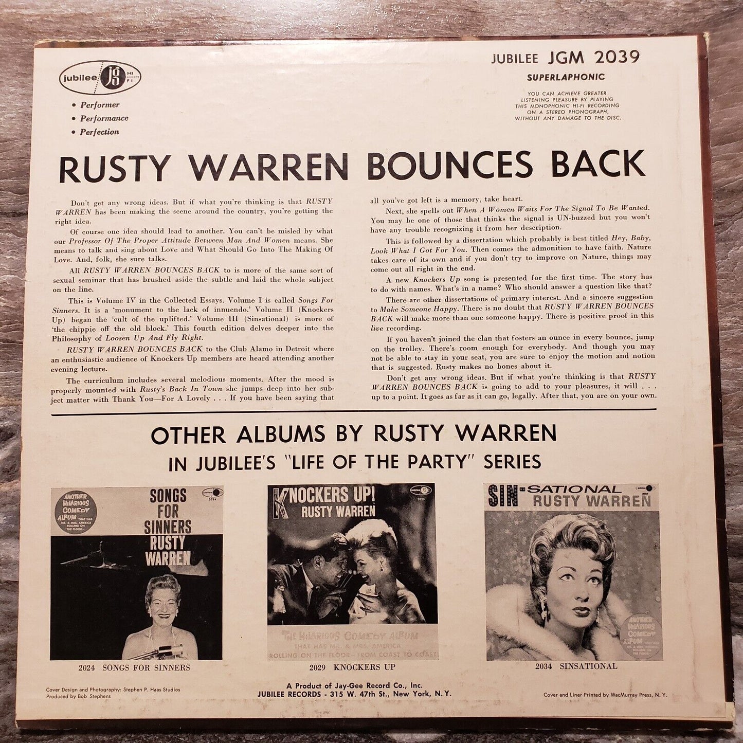 Rusty Warren - Rusty Warren Bounces Back - JGM 2039 Vinyl Record LP