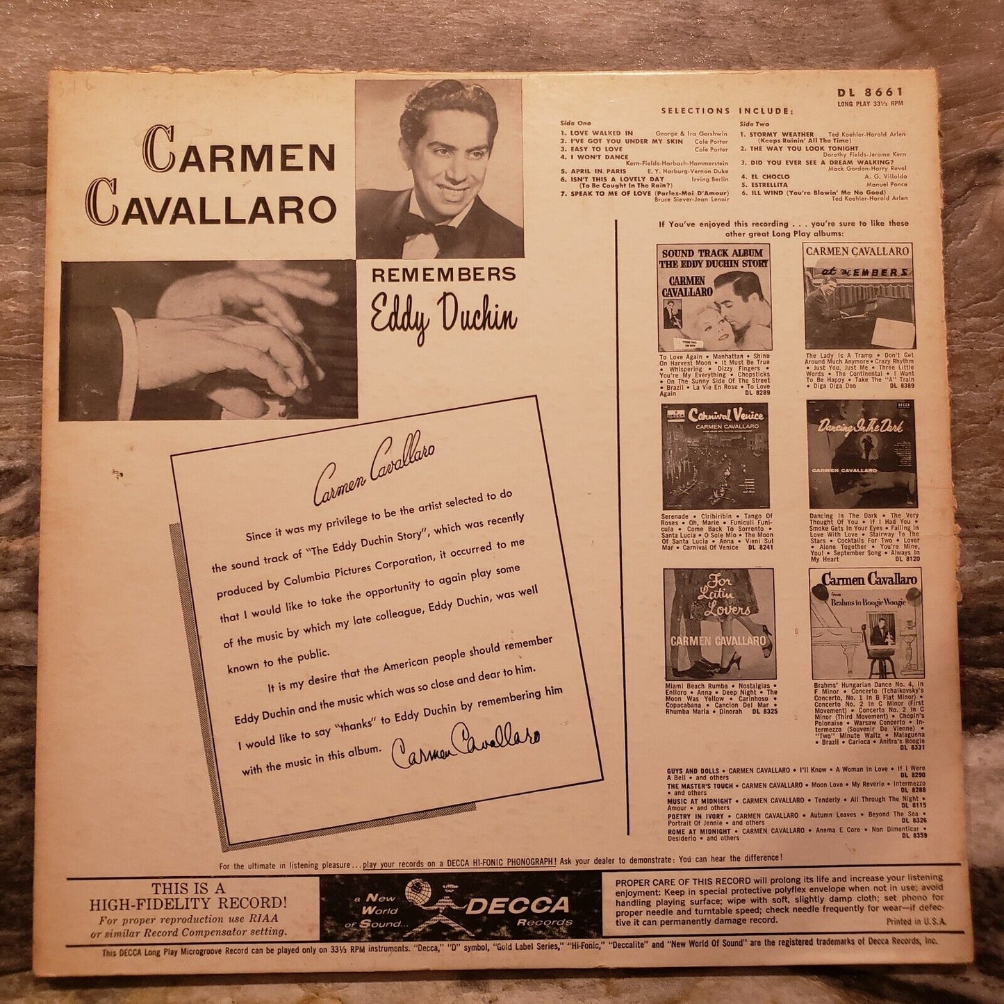 Carmen Cavallaro Remembers Eddy Duchin - DL 8661 Vinyl Record LP