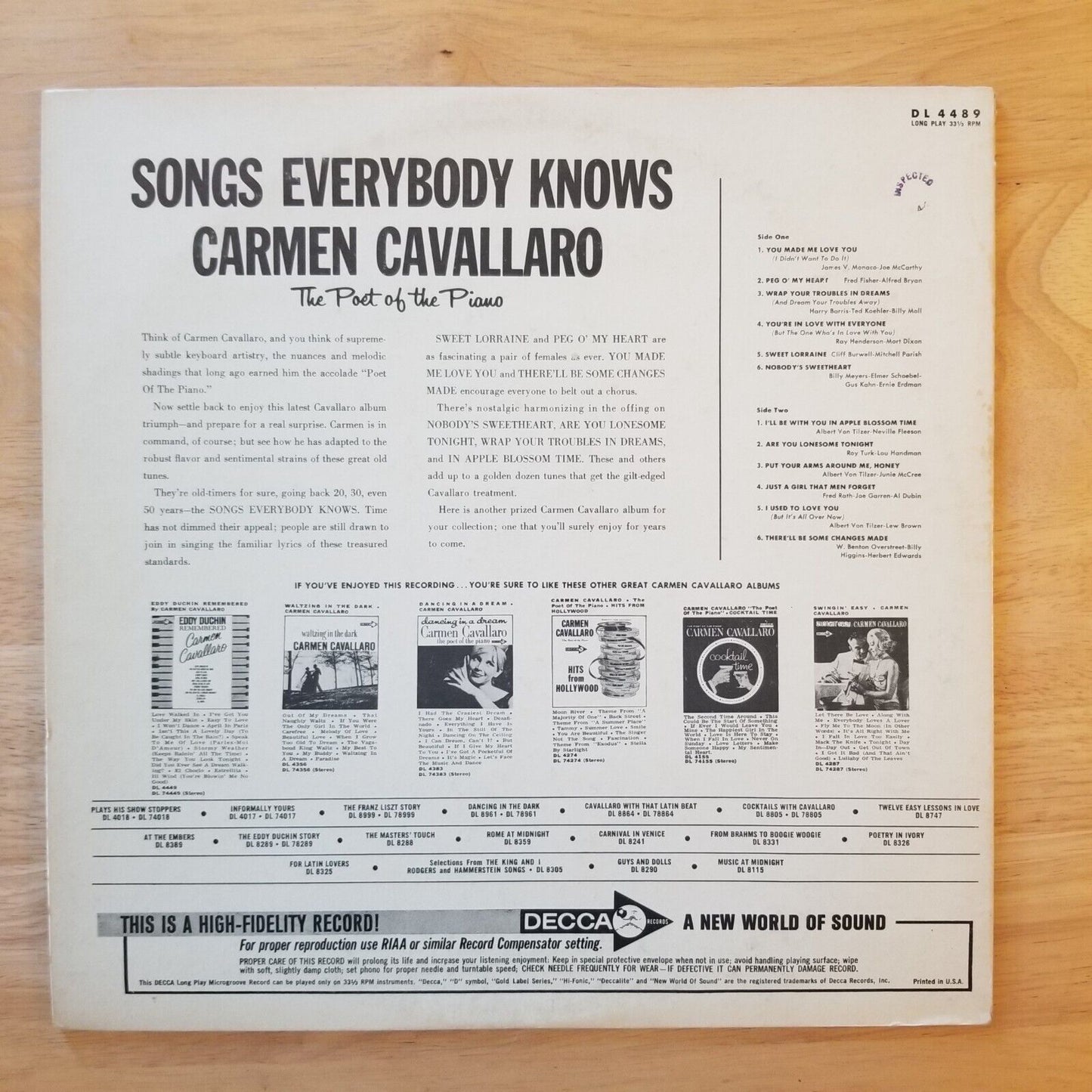 Carmen Cavallaro - Songs Everybody Knows - DL-4489 Vinyl Record LP