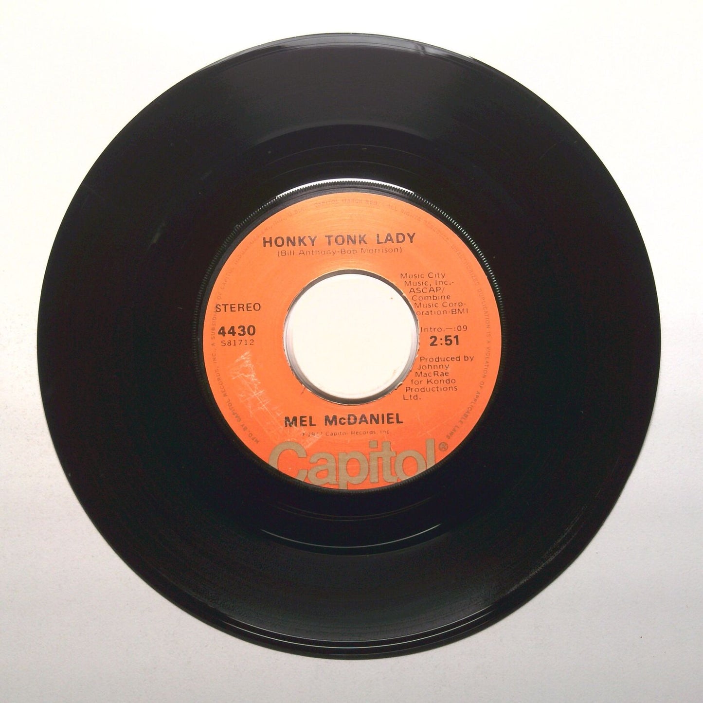 Mel McDaniel - Honky Tonk Lady; Gentle to Your Senses - Vinyl Record 45 RPM 7"