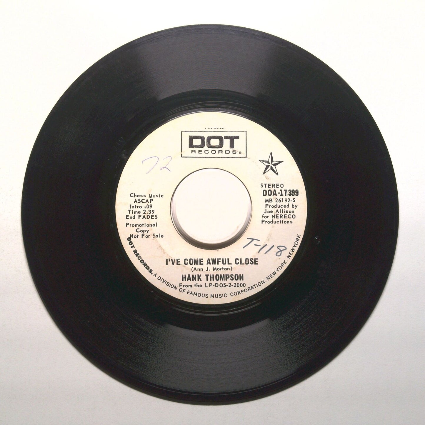 Hank Thompson - I've Come Awful Close - Teardrops On The Rocks - Vinyl 45 RPM 7"