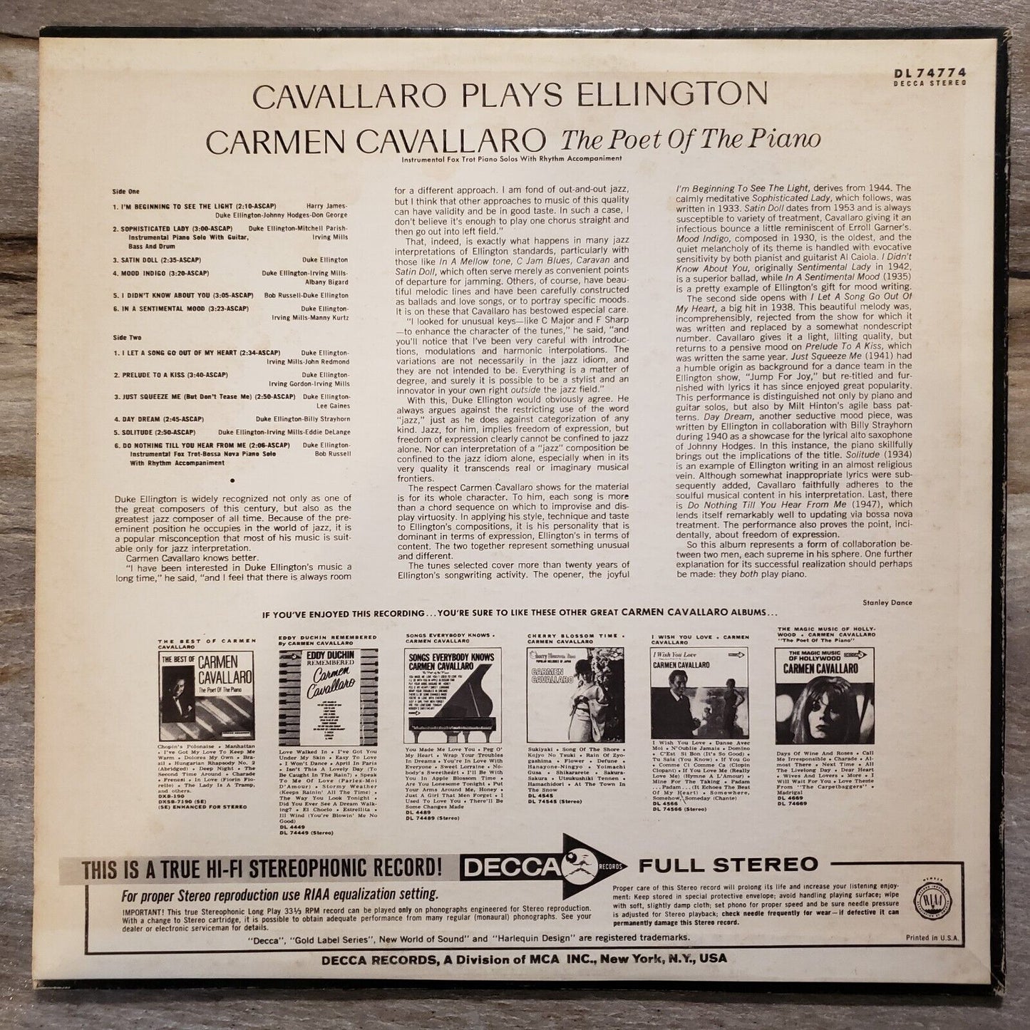 Carmen Cavallaro - Cavallaro plays Ellington - DL 74774 - Vinyl Record LP