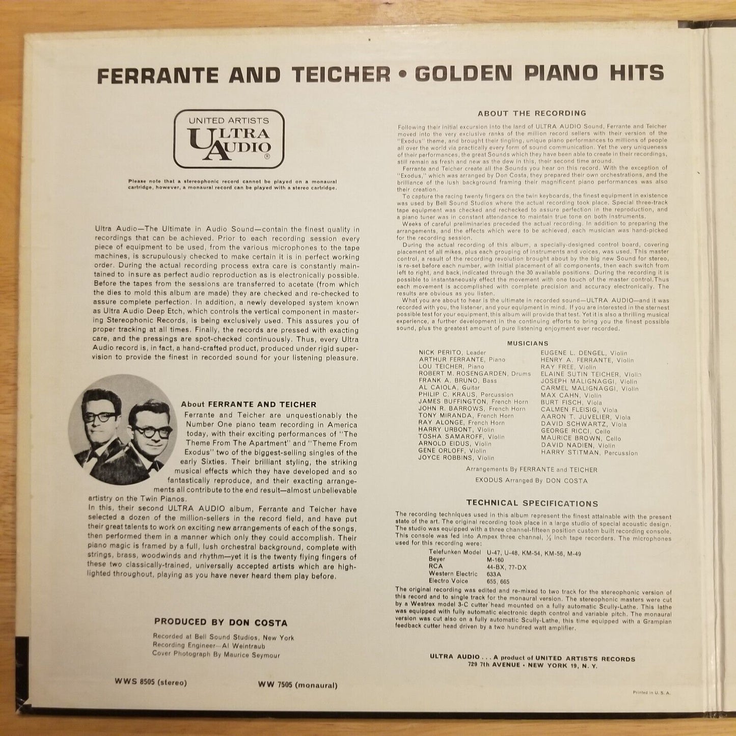 Ferrante & Teicher - Golden Piano Hits WW-7505 Vinyl Record LP