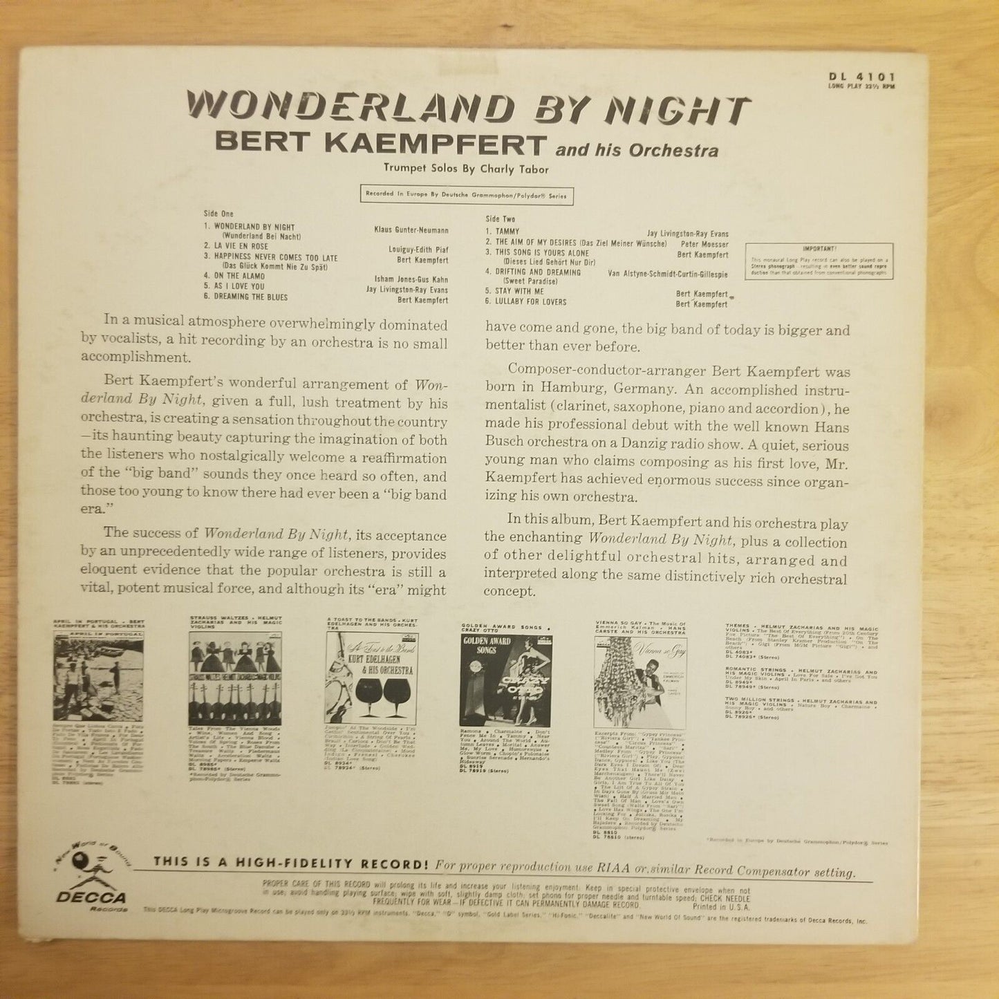 Bert Kaempfert - Wonderland At Night - DL-4101 Vinyl Record LP