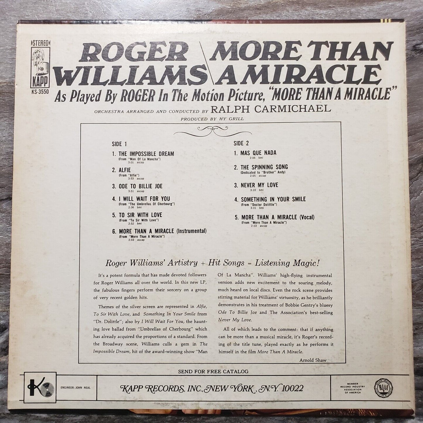 Roger Williams - More Than A Miracle - KS-3550 Vinyl Record LP