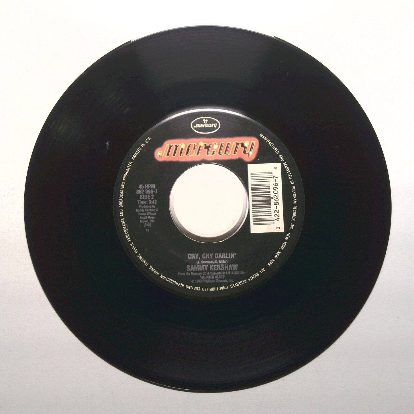 Sammy Kershaw - Cry, Cry Darlin'; Haunted Heart - Vinyl Record 45 RPM 7"