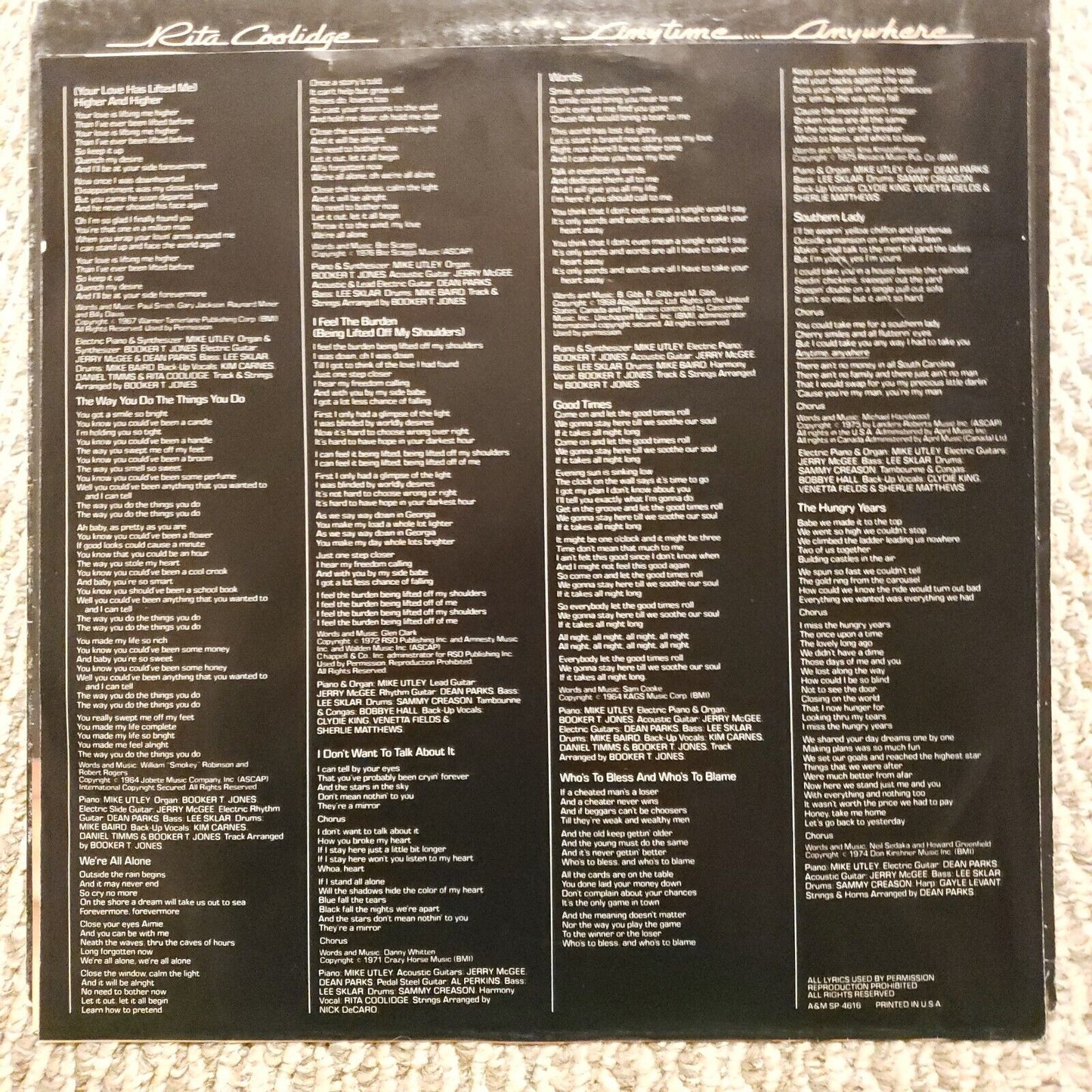 Rita Coolidge - Anytime... Anywhere - 1977 SP-4616 Record Vinyl LP