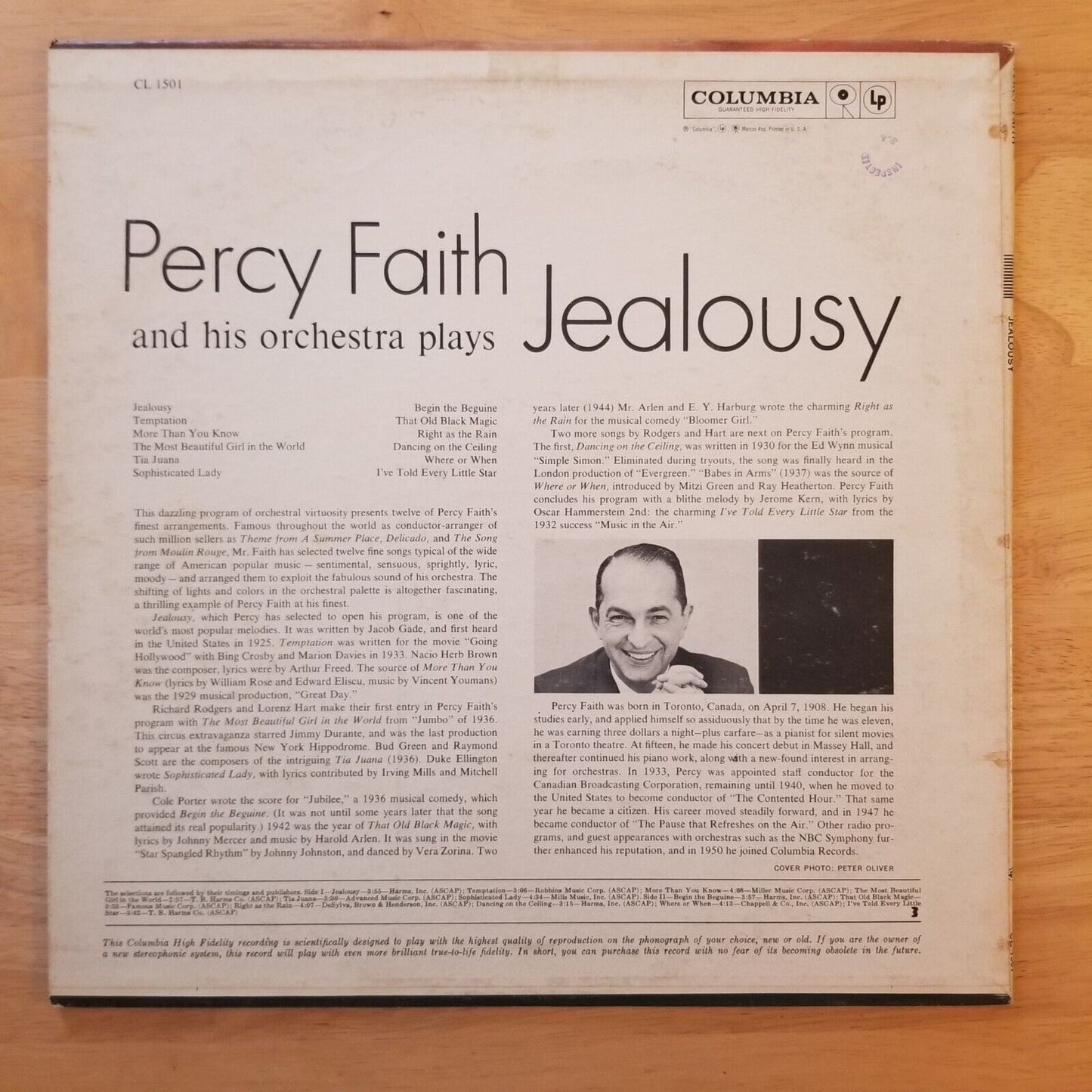 Percy Faith - Jealousy - CL-1501 Vinyl Record LP