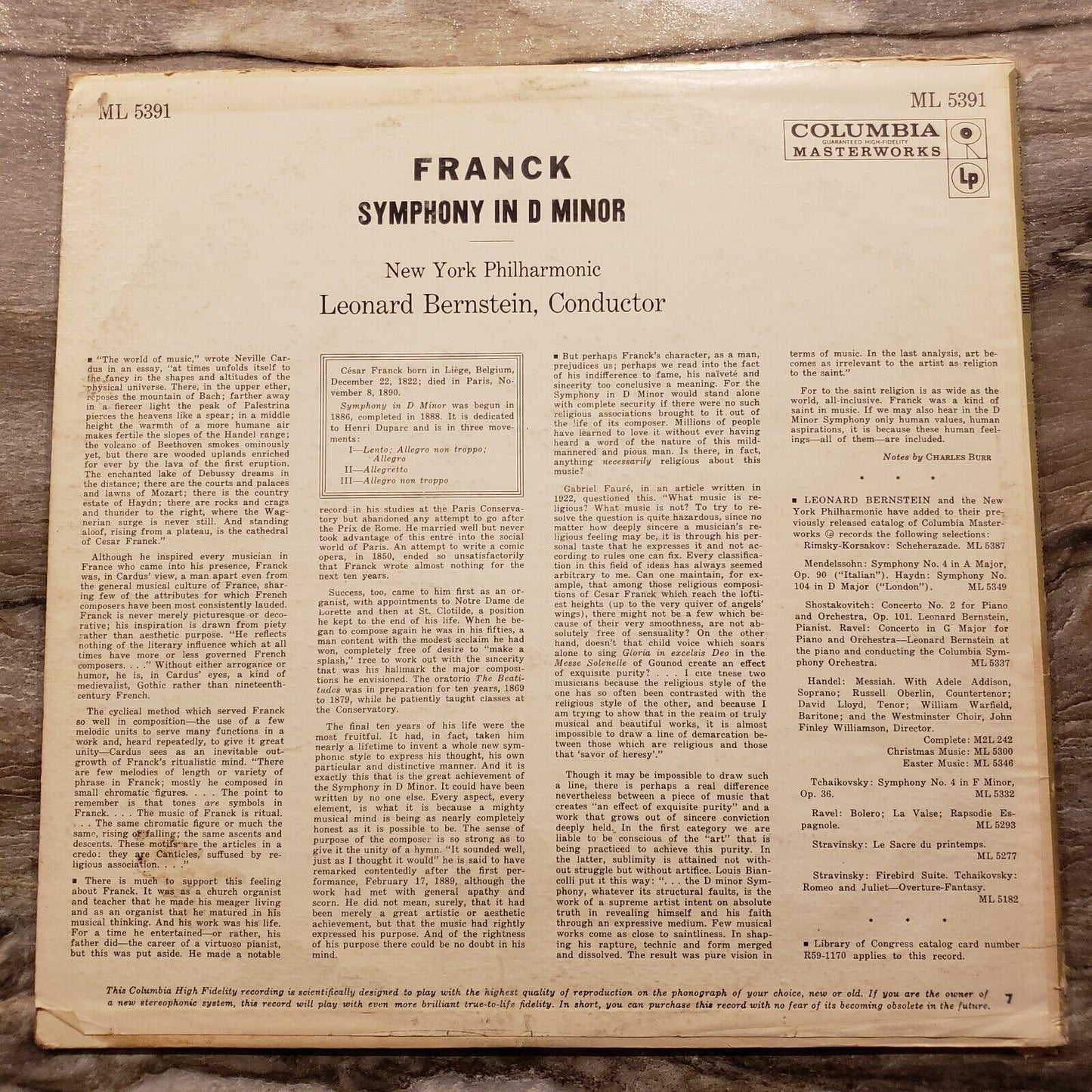 Leonard Bernstein - Franck Symphony In D Minor - ML 5391 Vinyl Record LP
