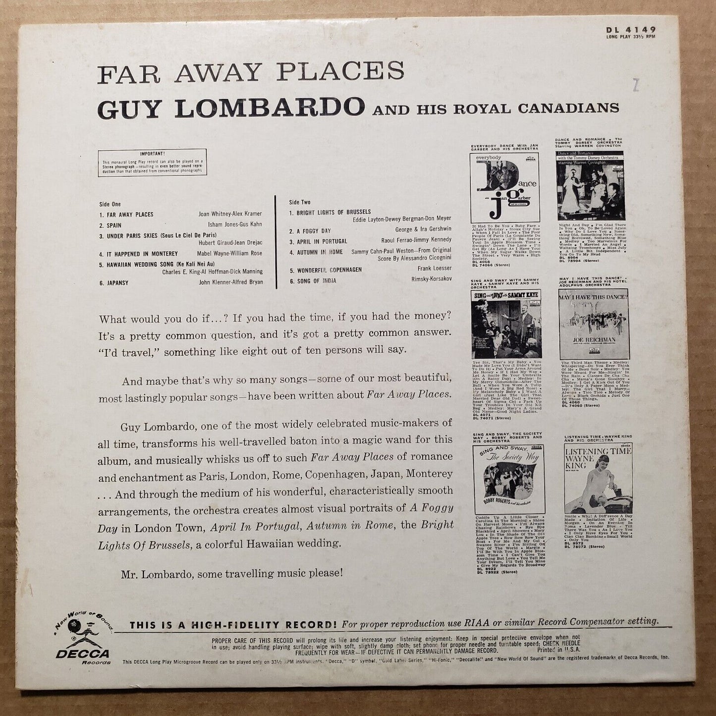 Guy Lombardo - Far Away Places - DL 4149 Vinyl Record LP