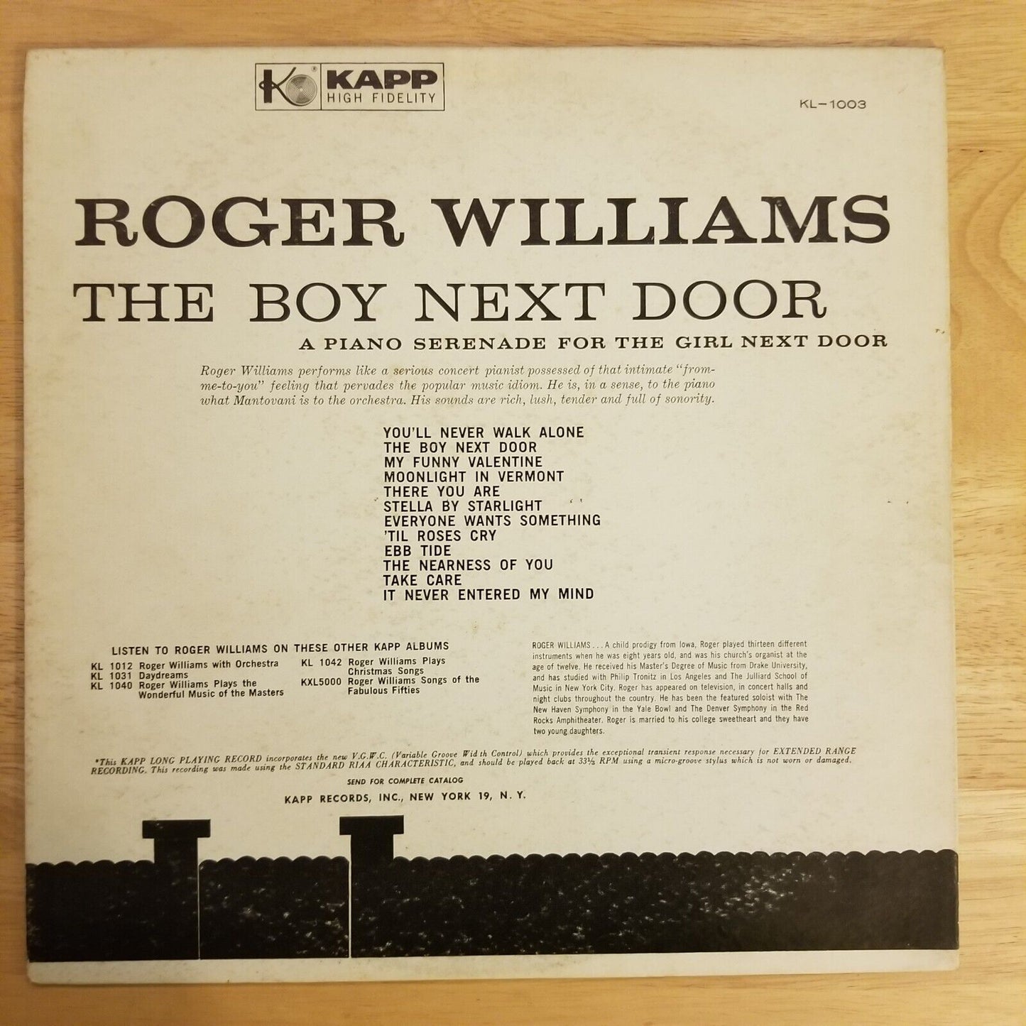 Roger Williams - The Boy Next Door - KL-1003 Vinyl Record LP