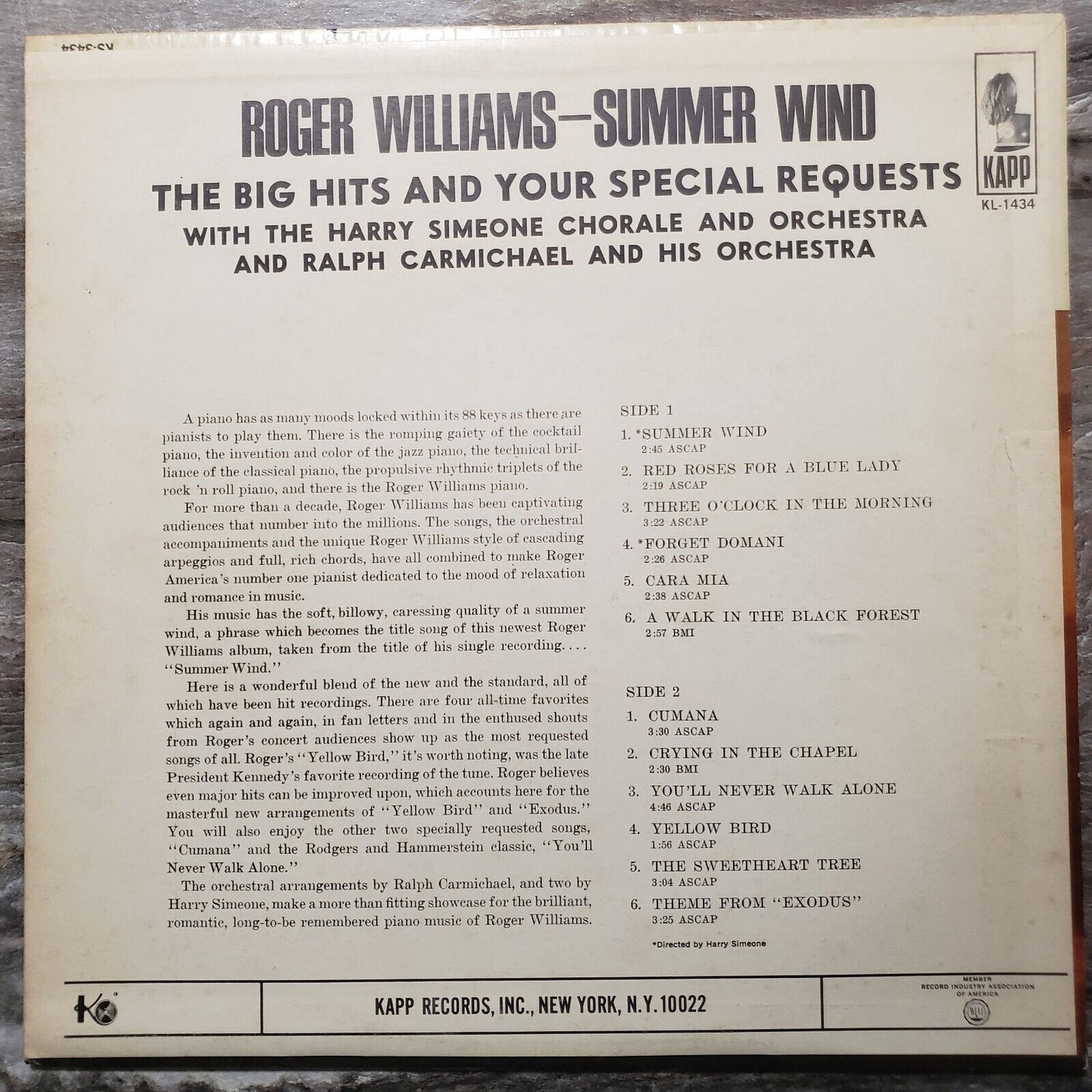 Roger Williams - Summer Wind - KL-1434 Vinyl Record LP