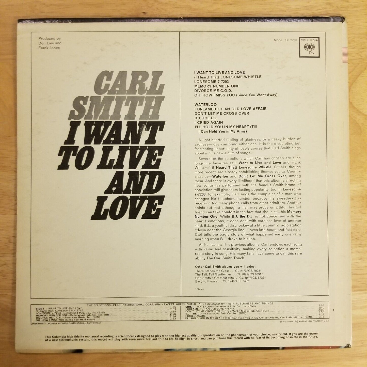 Carl Smith - I Want To Live And Love - CL-2293 Vinyl Record LP