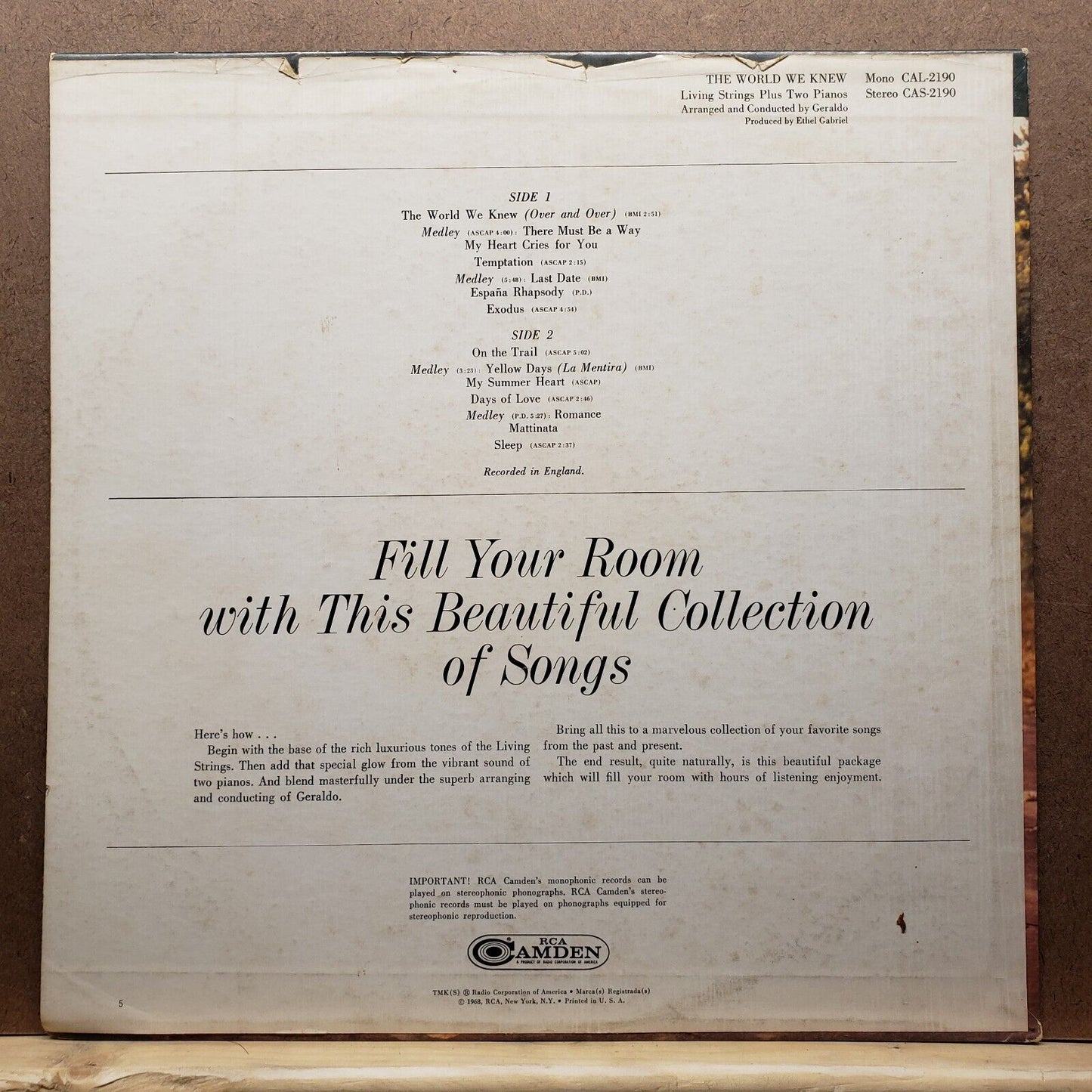The Living Strings Plus Two Pianos - The World We Knew - CAS 2190 - Vinyl LP