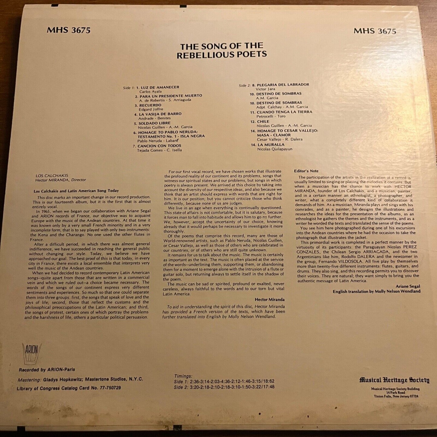 Los Calchakis - The Song Of The Rebellious Poets - MHS 3675 - Vinyl Record LP