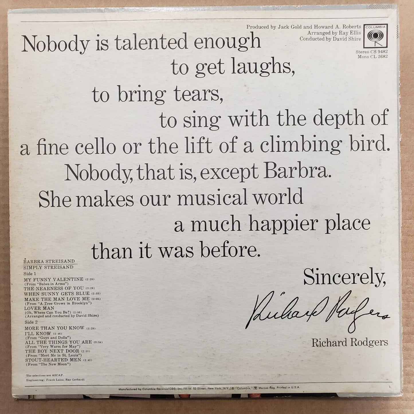 Barbara Streisand - Simply Streisand - CS 9482 Vinyl Record LP
