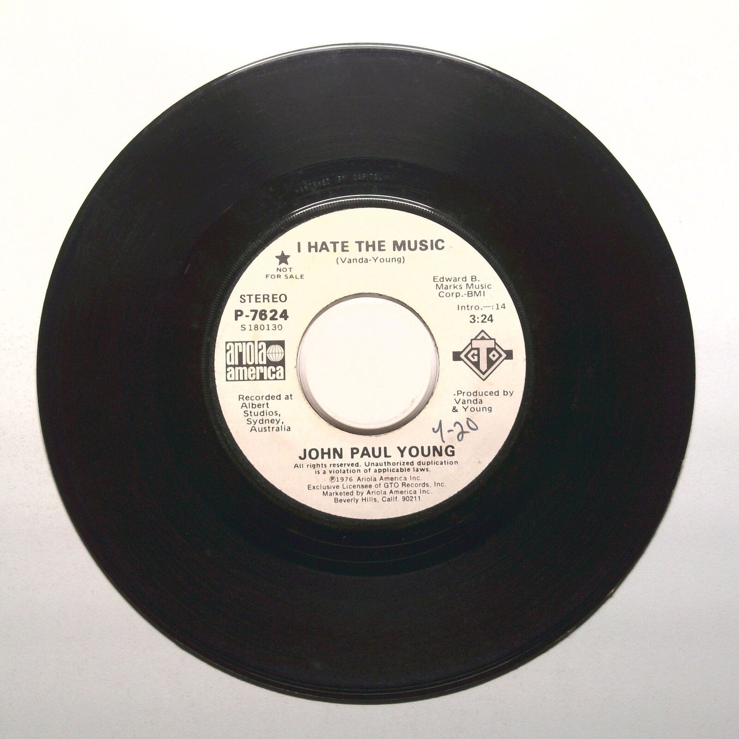 John Paul Young - I Hate The Music - Nor For Sale - Vinyl Record 45 RPM 7"