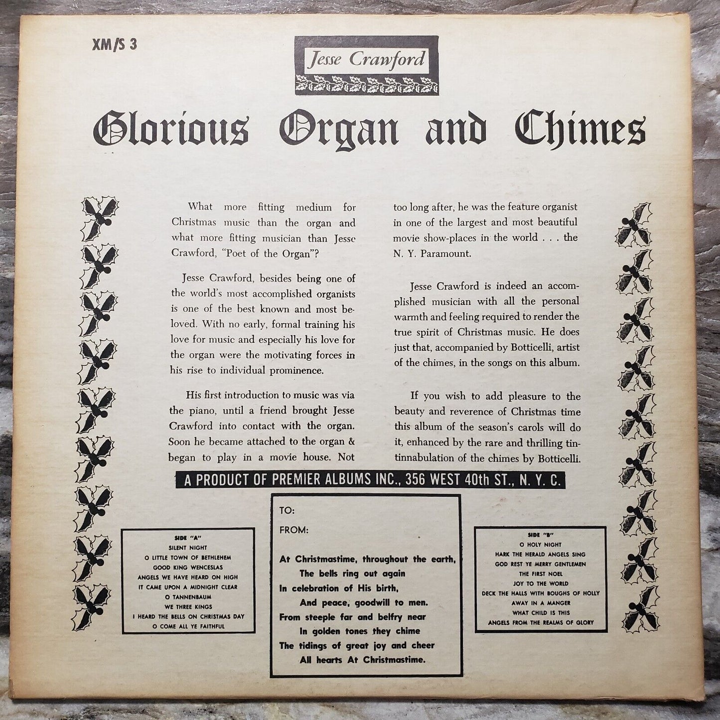 Jessee Crawford Plays Organ And Chimes For Christmas - XMS-3 Vinyl Record LP
