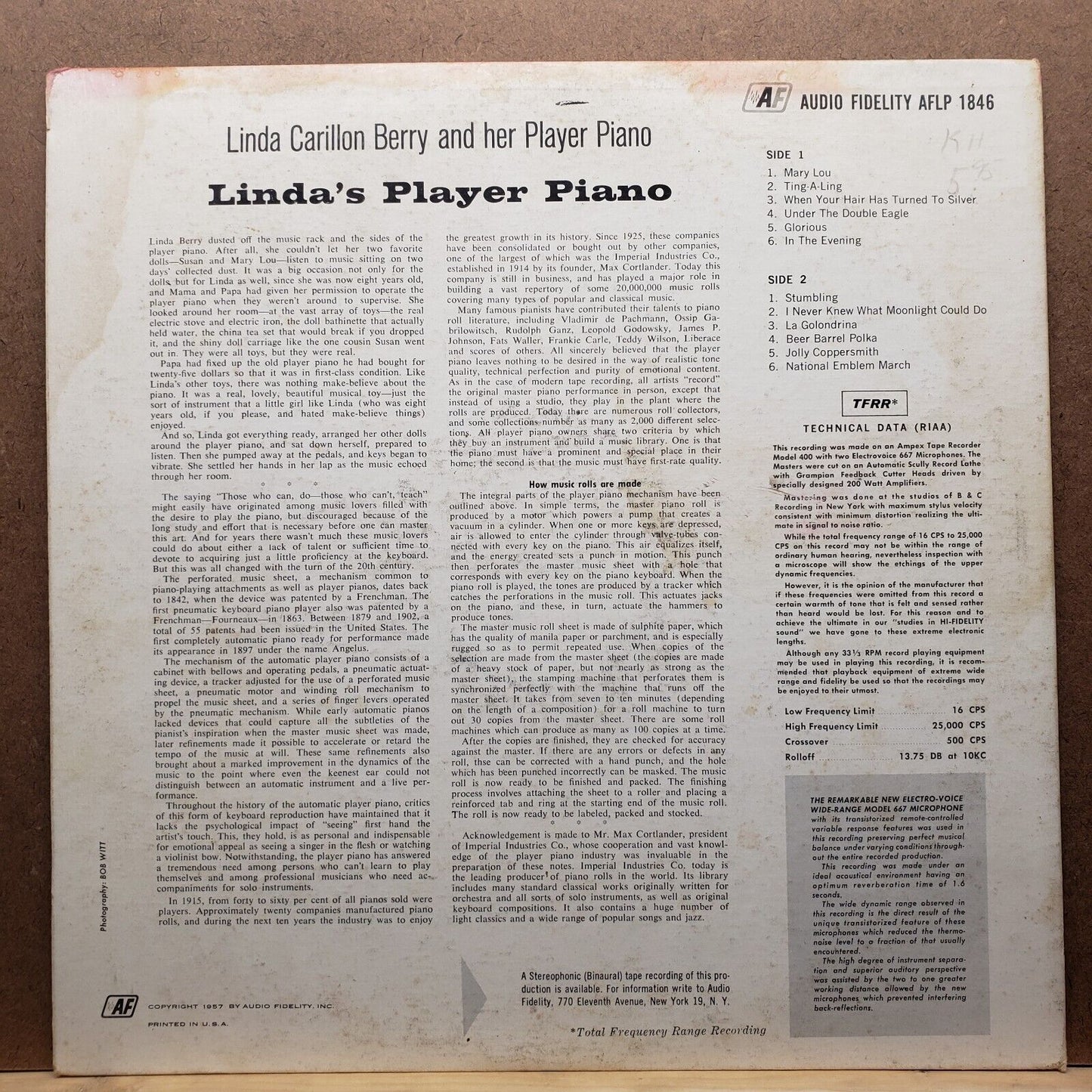 Linda Carillon Berry - Linda's Player Piano - AFLP 1846 - Vinyl Record LP
