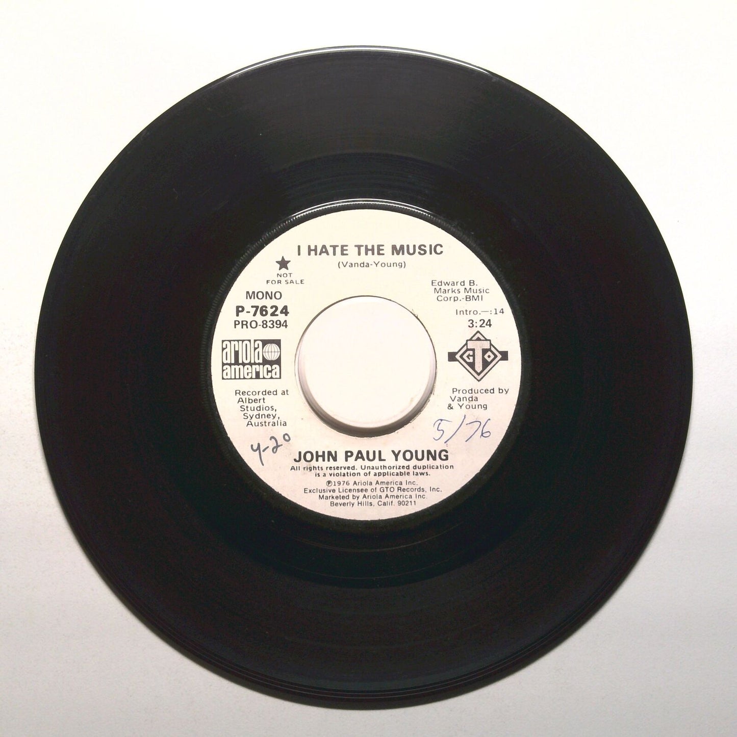John Paul Young - I Hate The Music - Nor For Sale - Vinyl Record 45 RPM 7"