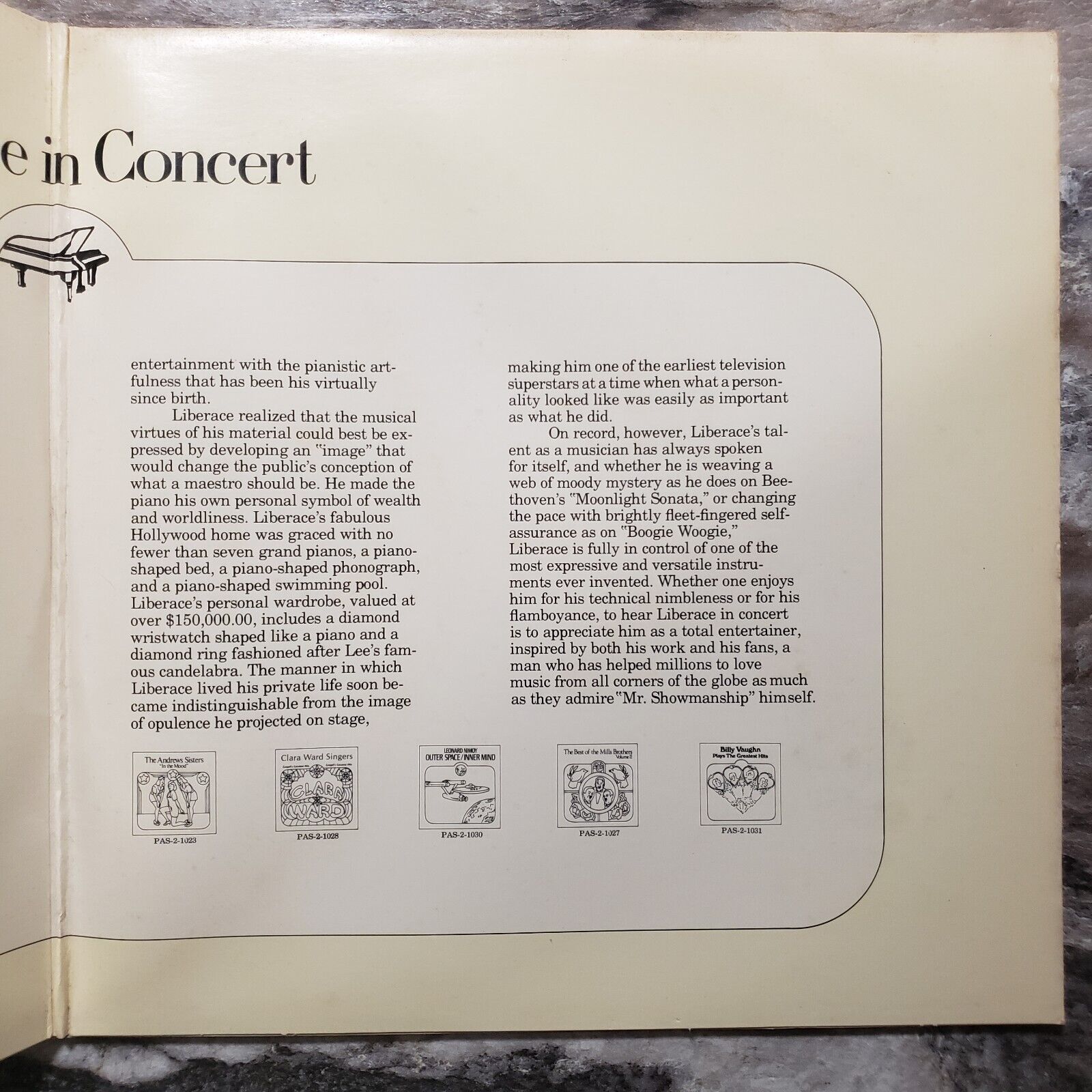 Liberace In Concert - 2 Disk Set! PAS-1032 Vinyl Record LP