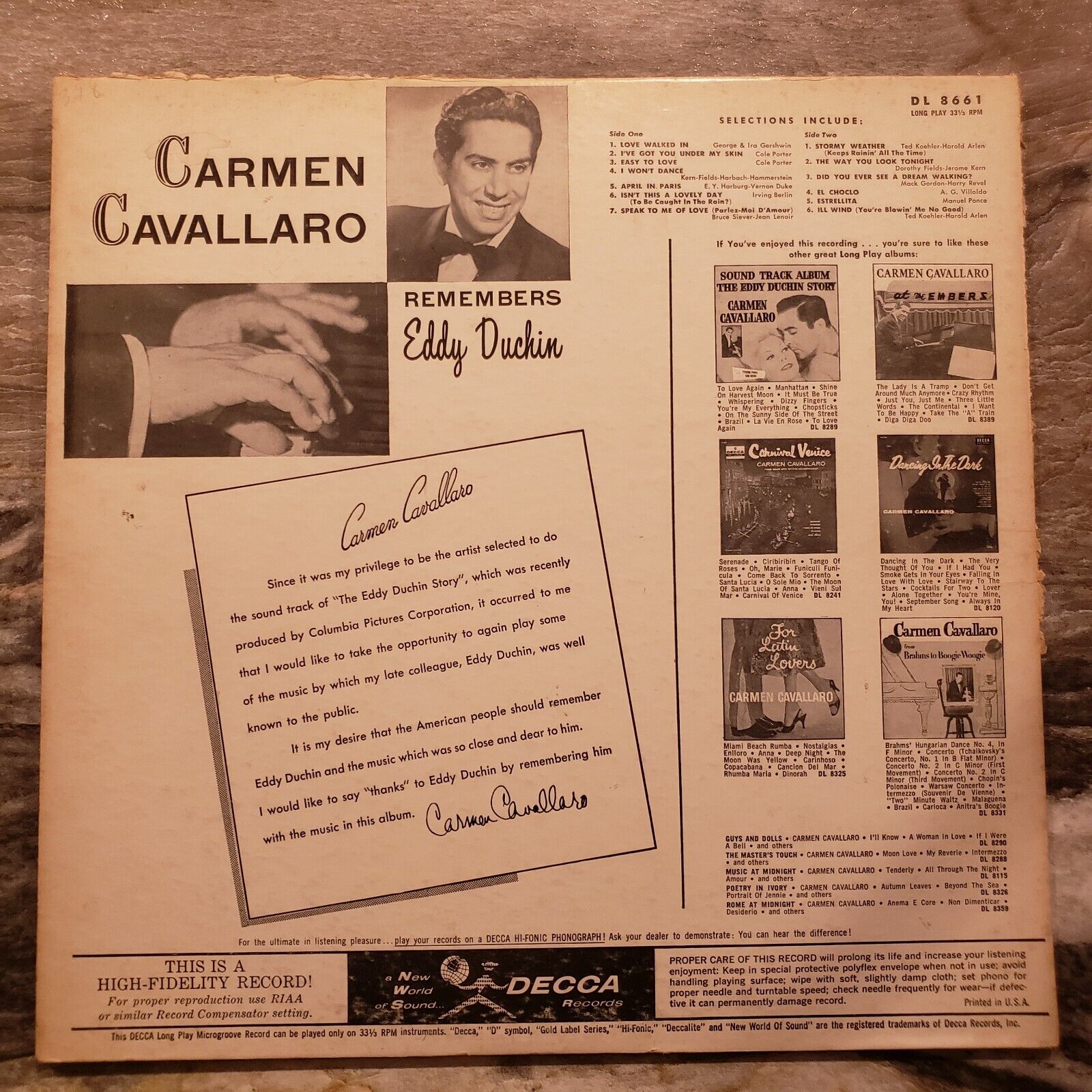 Carmen Cavallaro Remembers Eddy Duchin - DL 8661 Vinyl Record LP