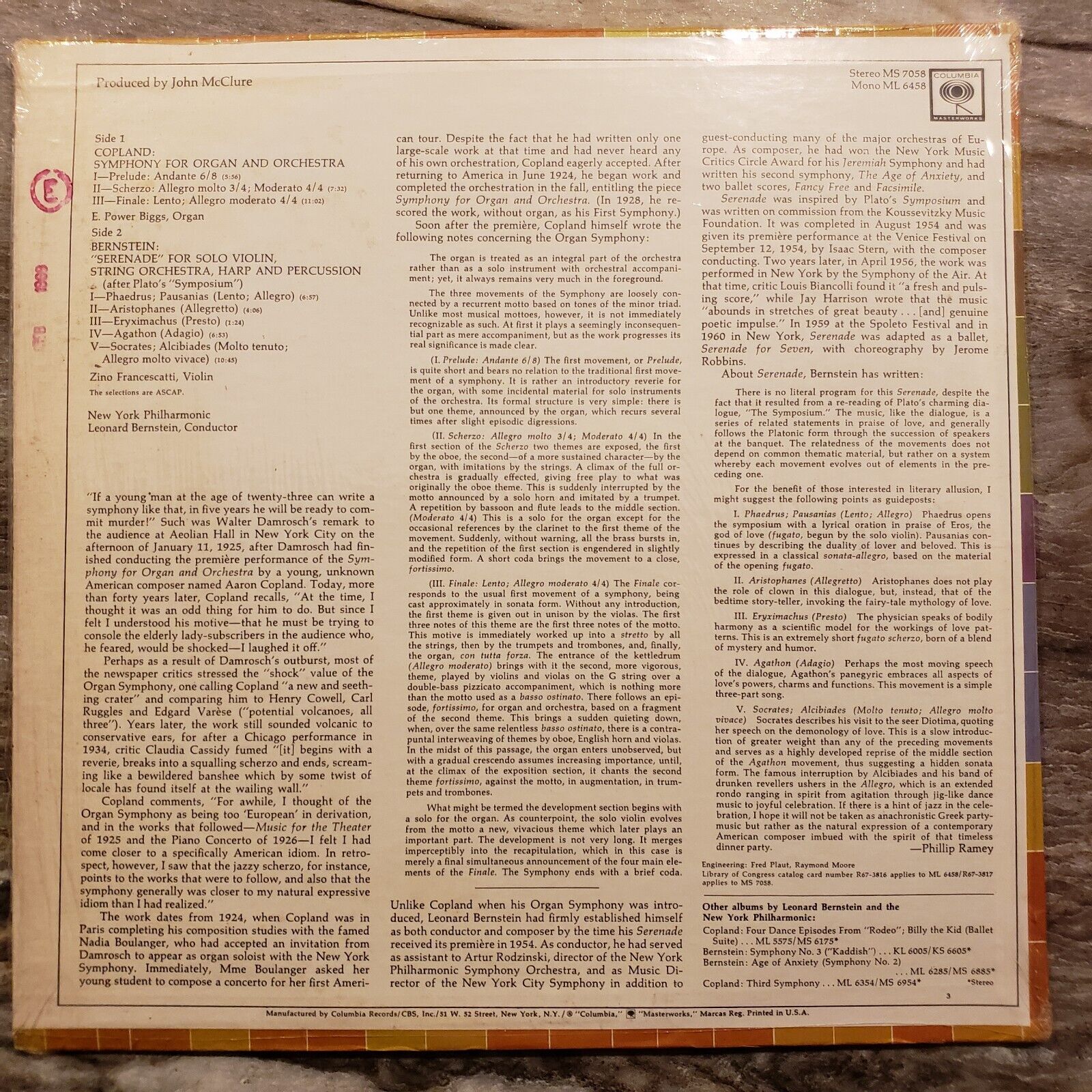 Leonard Bernstein - Copeland, New York Philharmonic - MS 7058 Vinyl Record LP