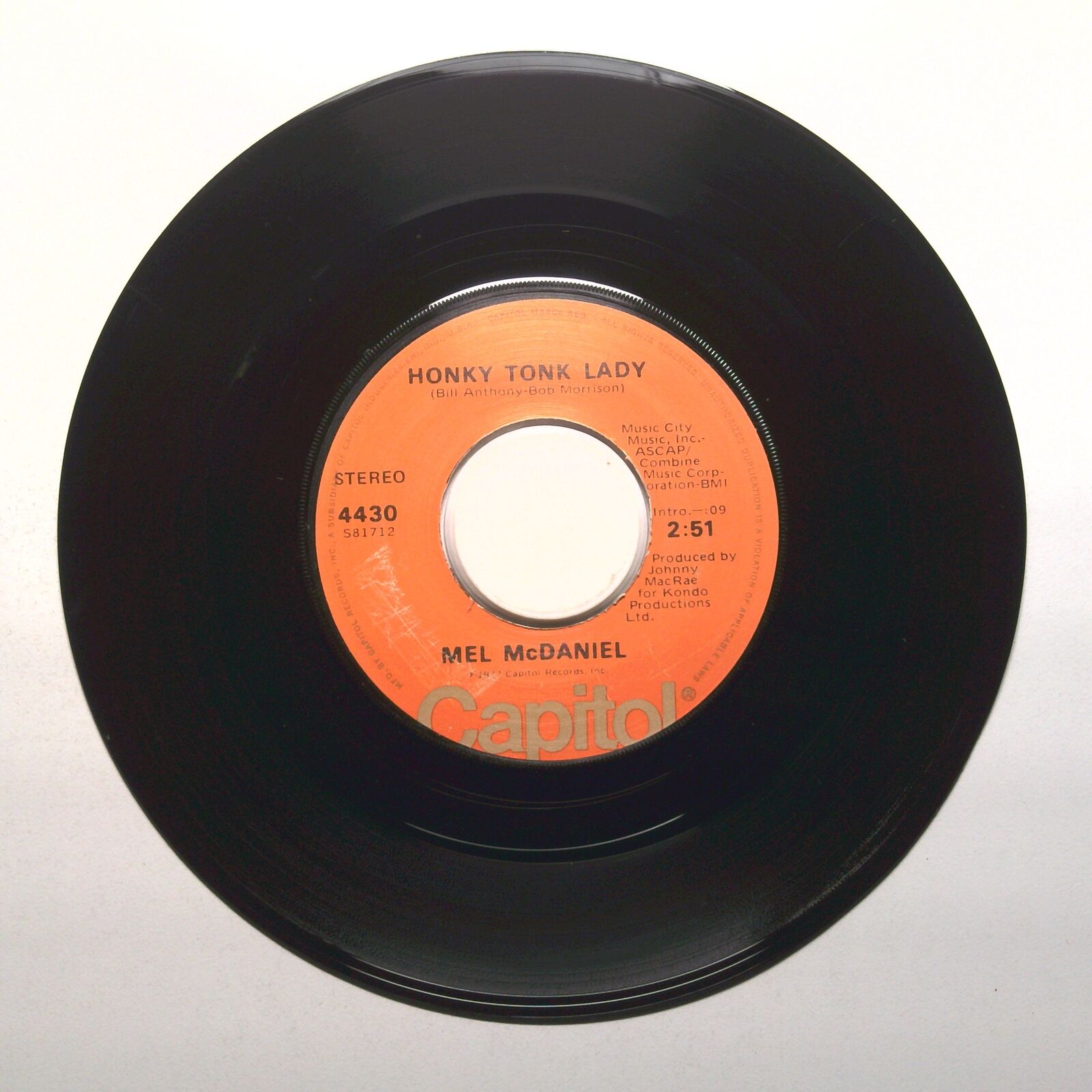 Mel McDaniel - Honky Tonk Lady; Gentle to Your Senses - Vinyl Record 45 RPM 7"