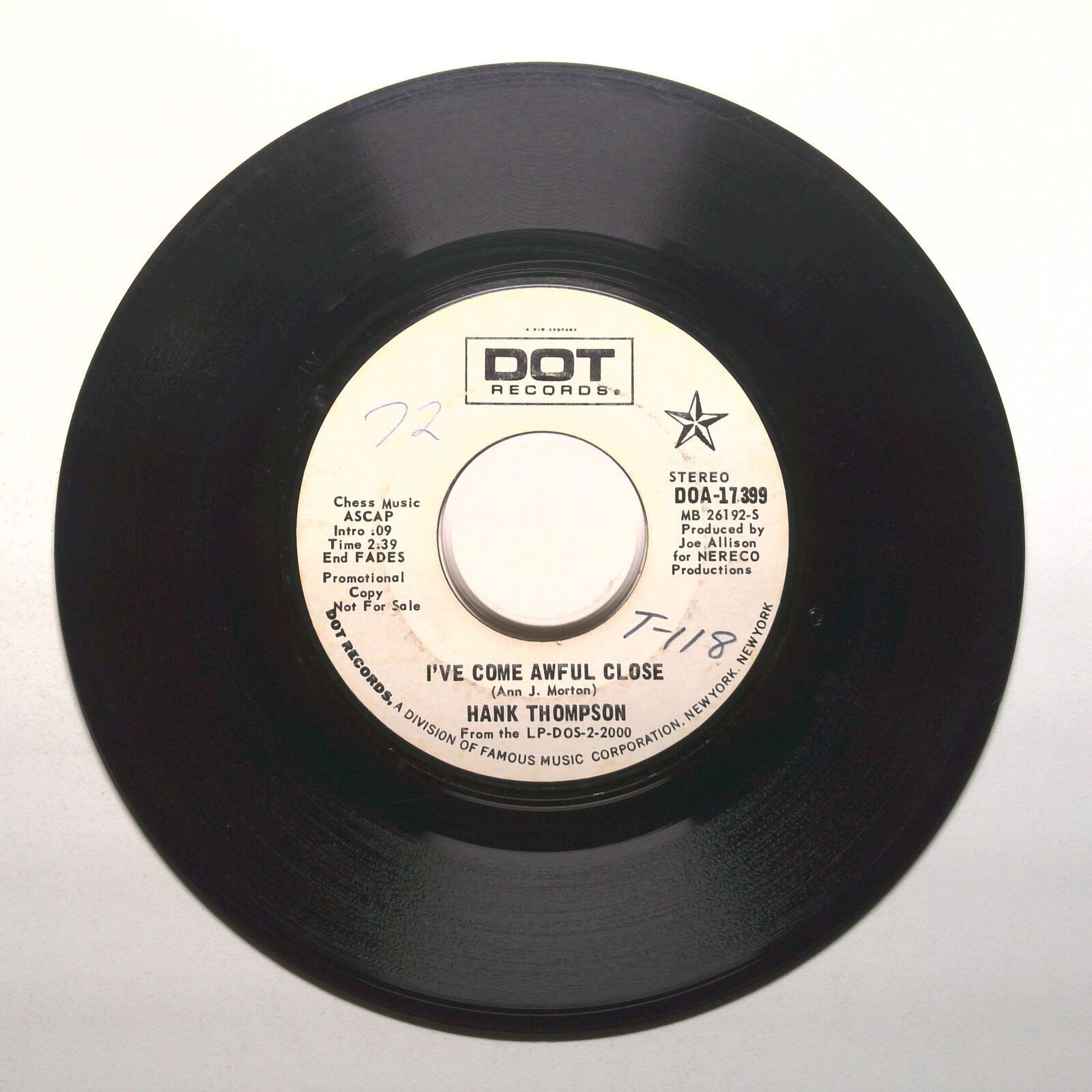 Hank Thompson - I've Come Awful Close - Teardrops On The Rocks - Vinyl 45 RPM 7"