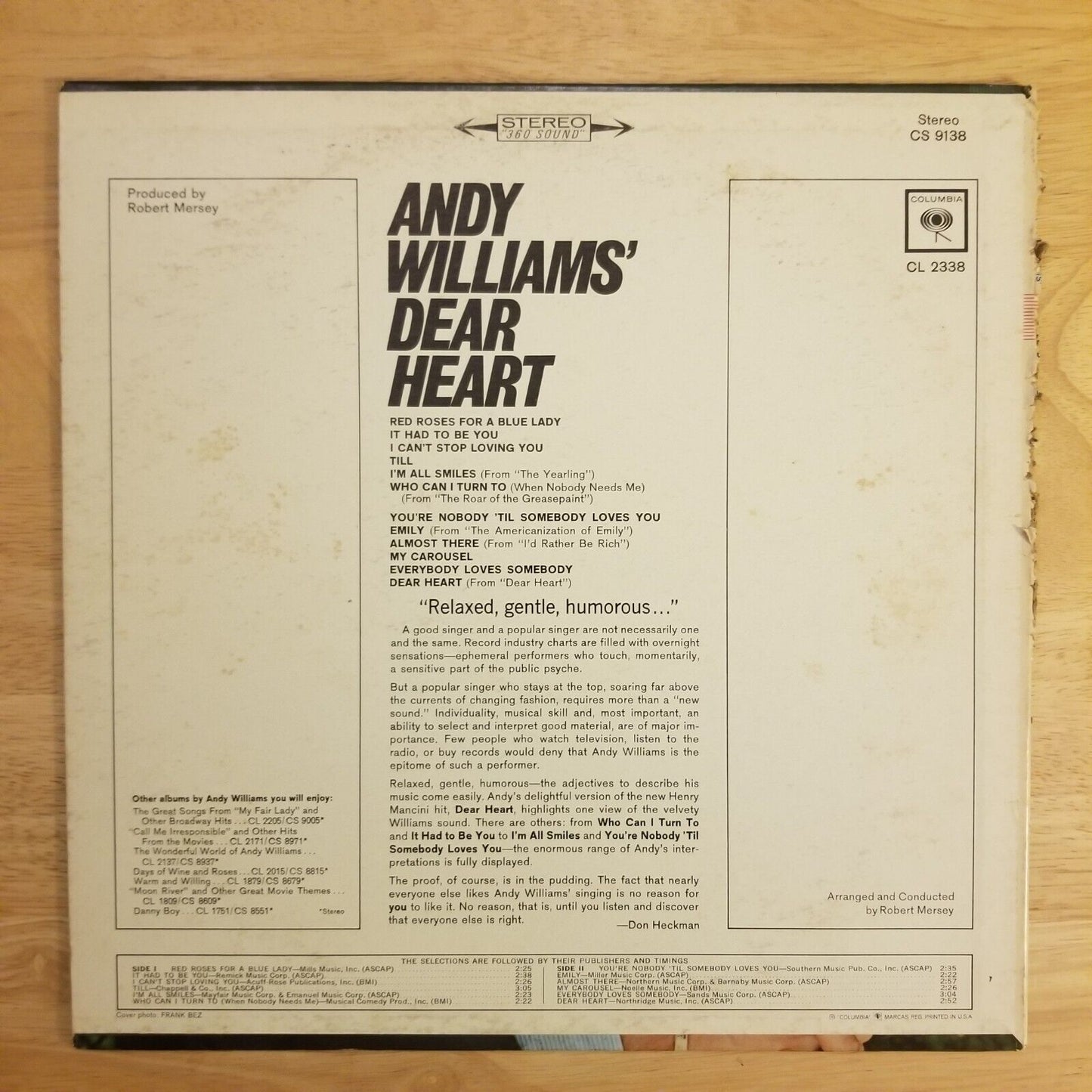 Andy Williams - Dear Heart - CS-9138 Vinyl Record LP