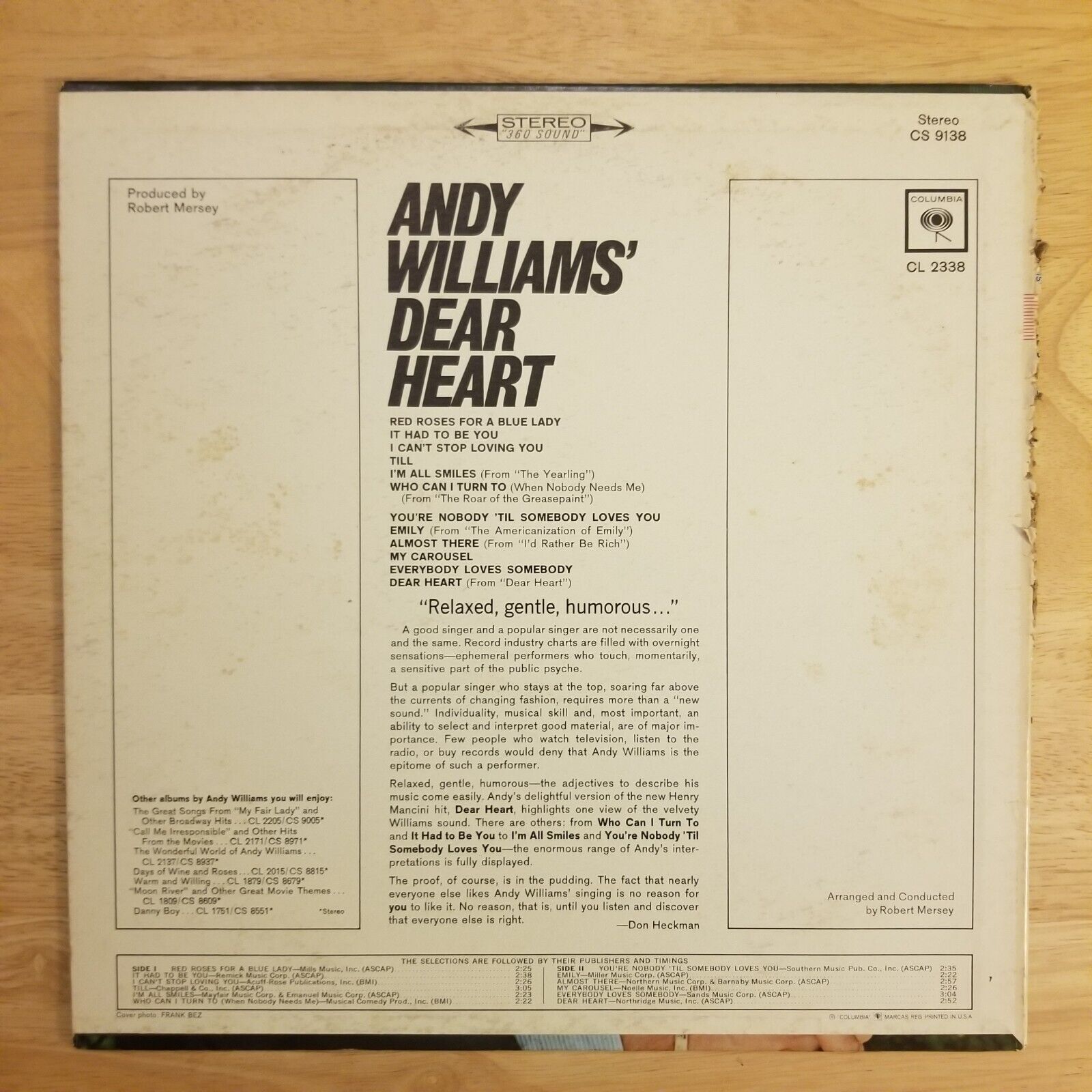 Andy Williams - Dear Heart - CS-9138 Vinyl Record LP