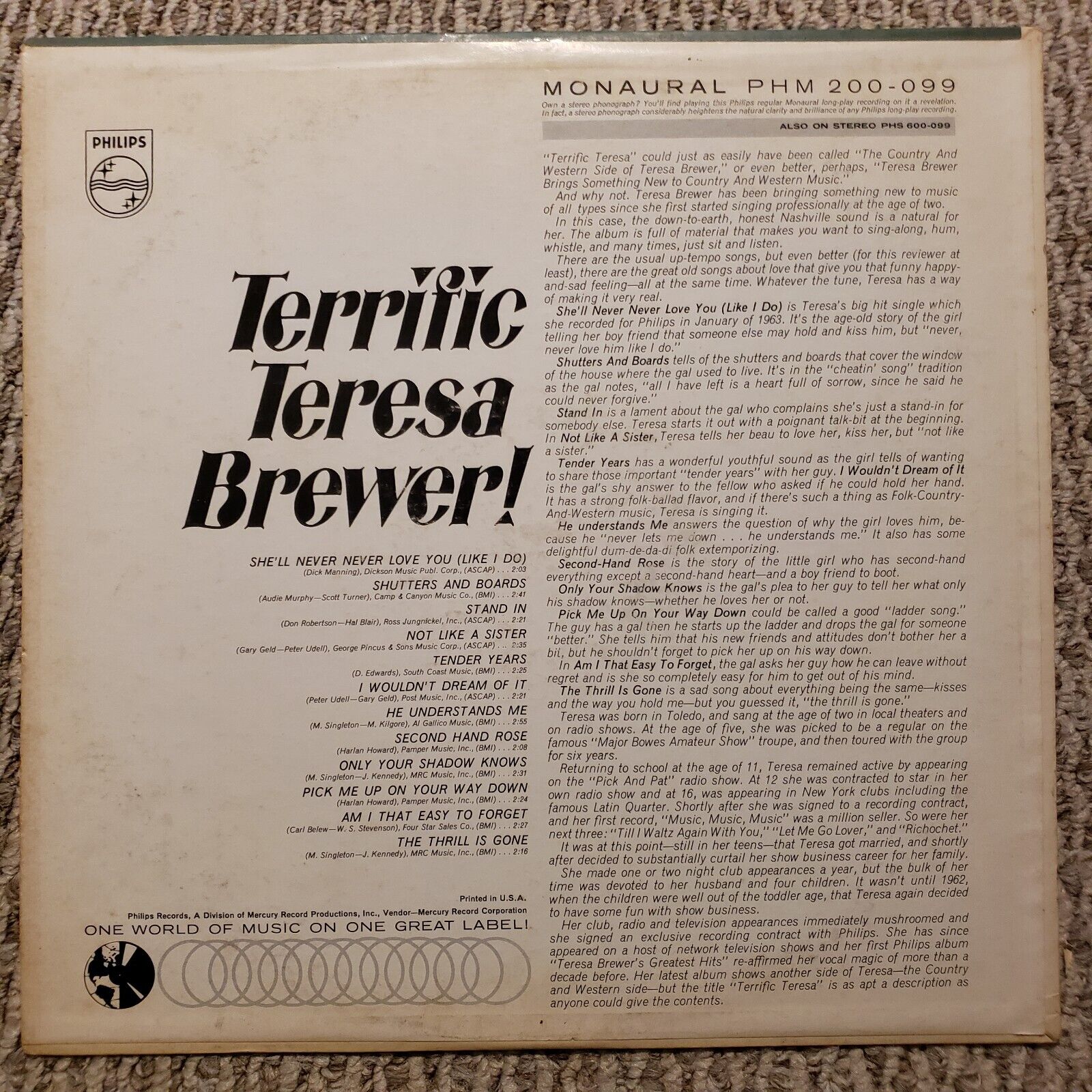 Teresa Brewer - Terrific Teresa - PHM-200-099 Vinyl Record LP