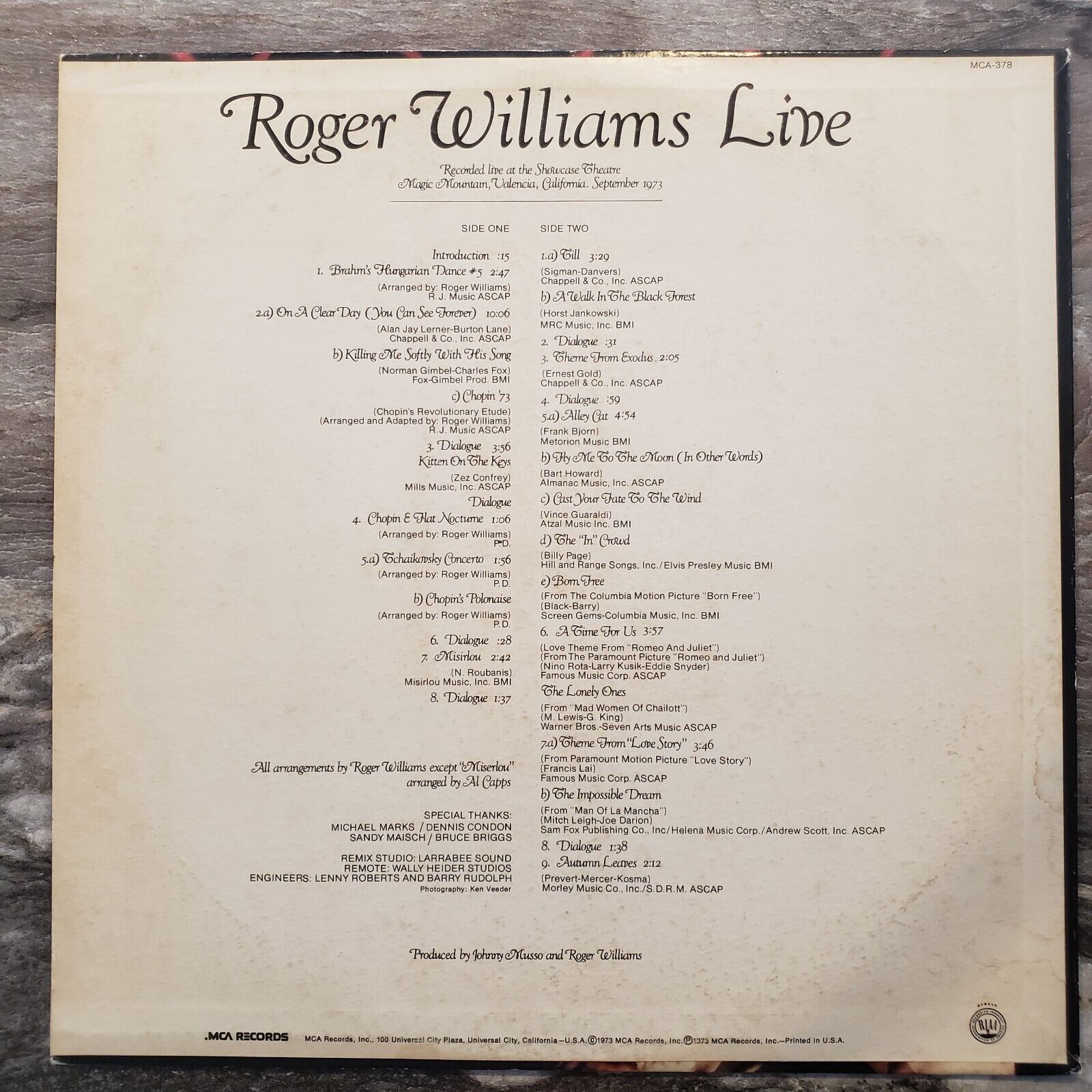 Roger Williams Live - 1973 MCA-378 Vinyl Record LP