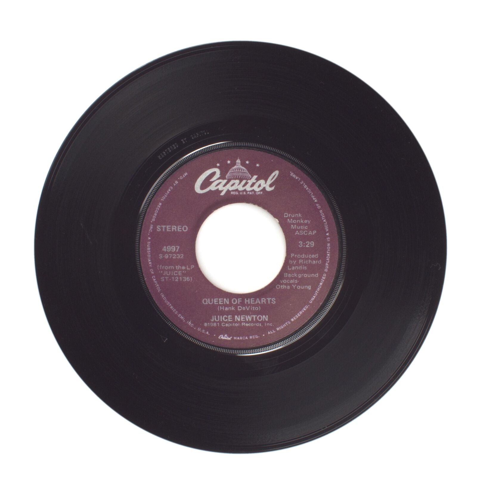 Juice Newton - River of Love; Queen of Hearts - Vinyl Record 45 RPM 7"