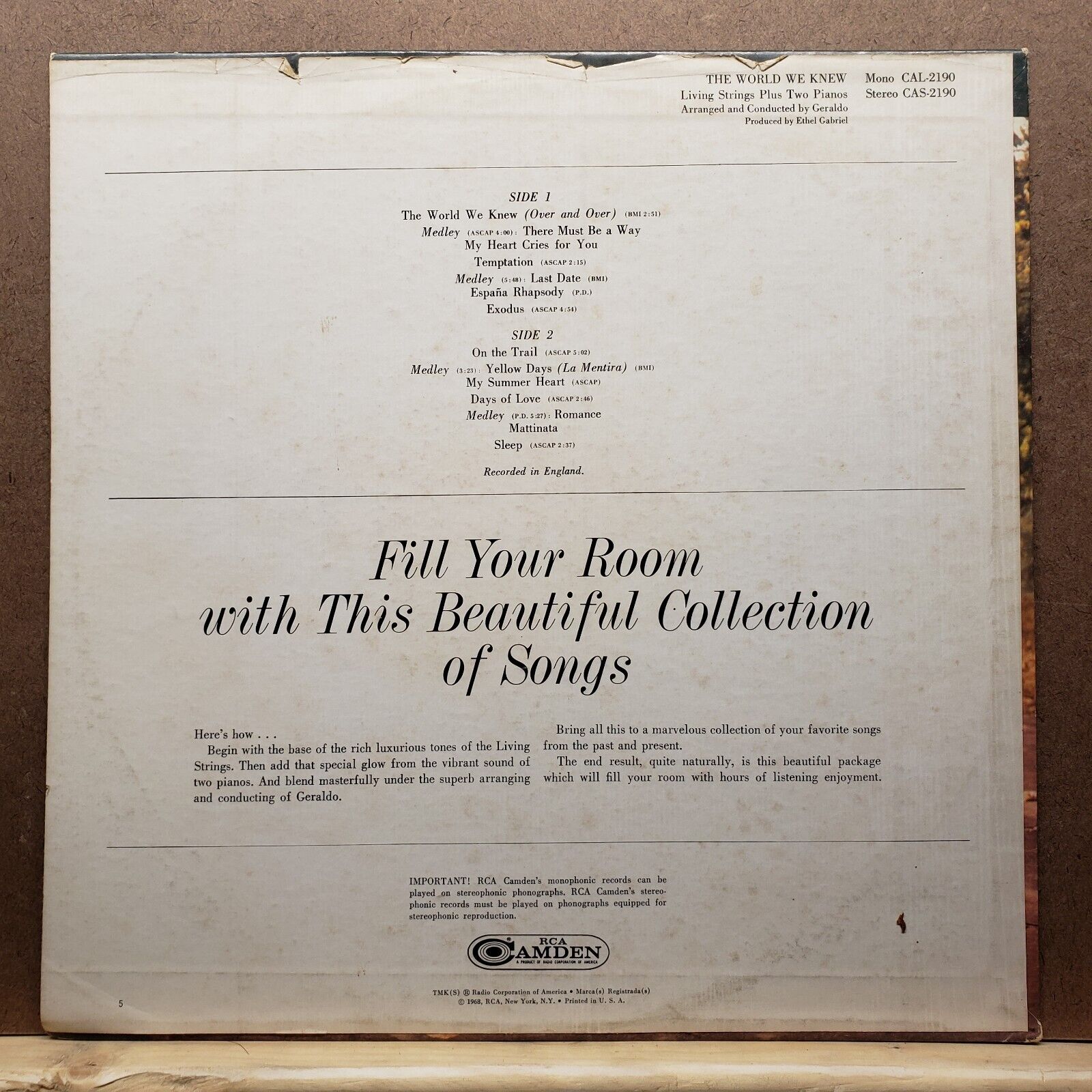 The Living Strings Plus Two Pianos - The World We Knew - CAS 2190 - Vinyl LP