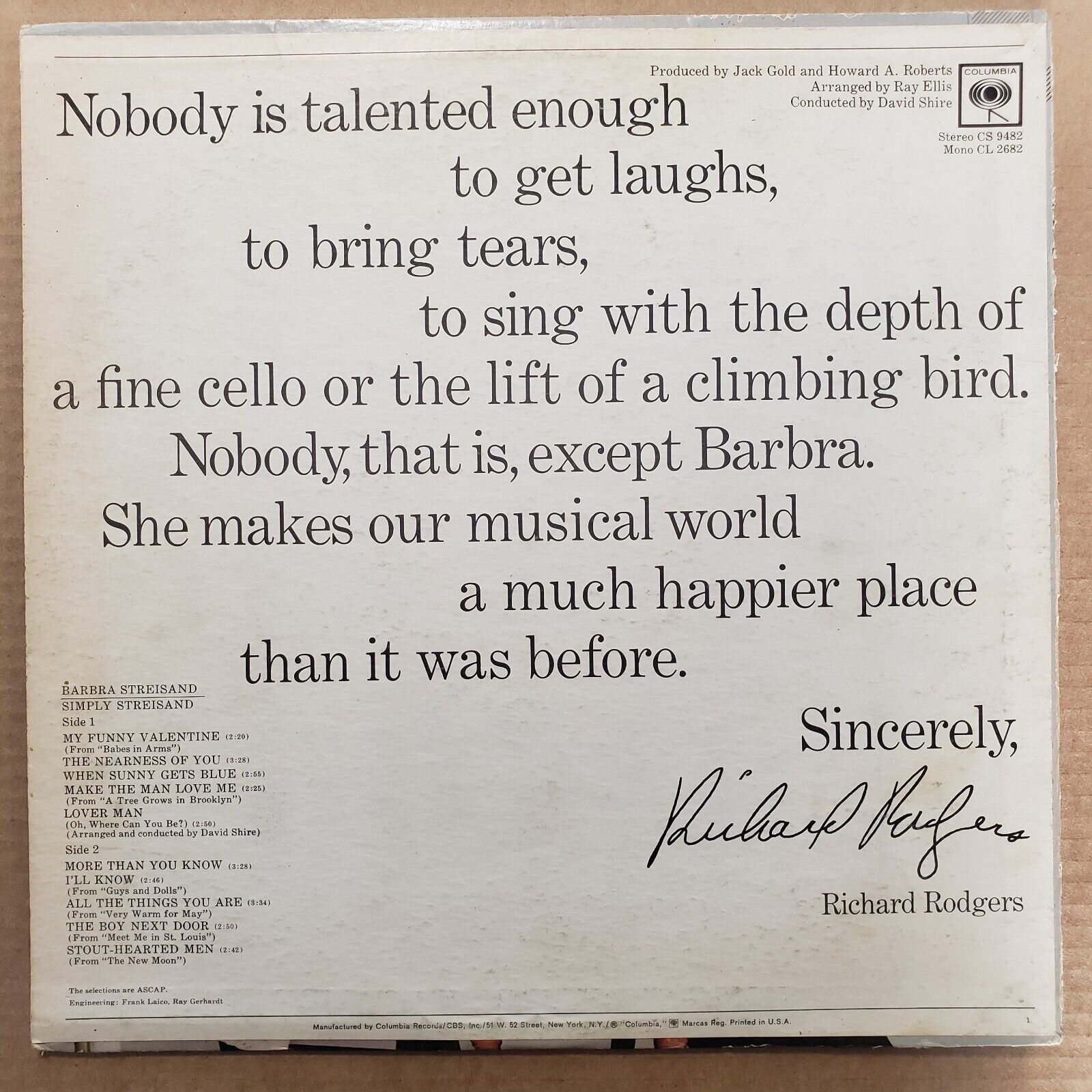 Barbara Streisand - Simply Streisand - CS 9482 Vinyl Record LP