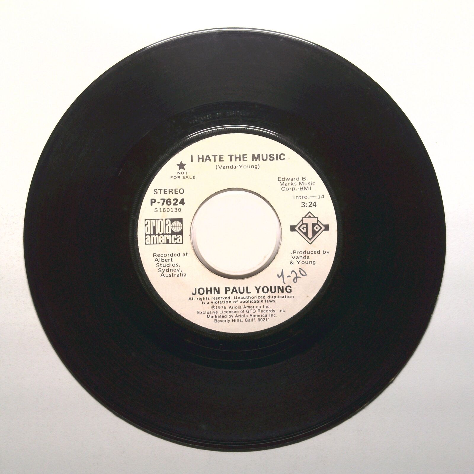 John Paul Young - I Hate The Music - Nor For Sale - Vinyl Record 45 RPM 7"