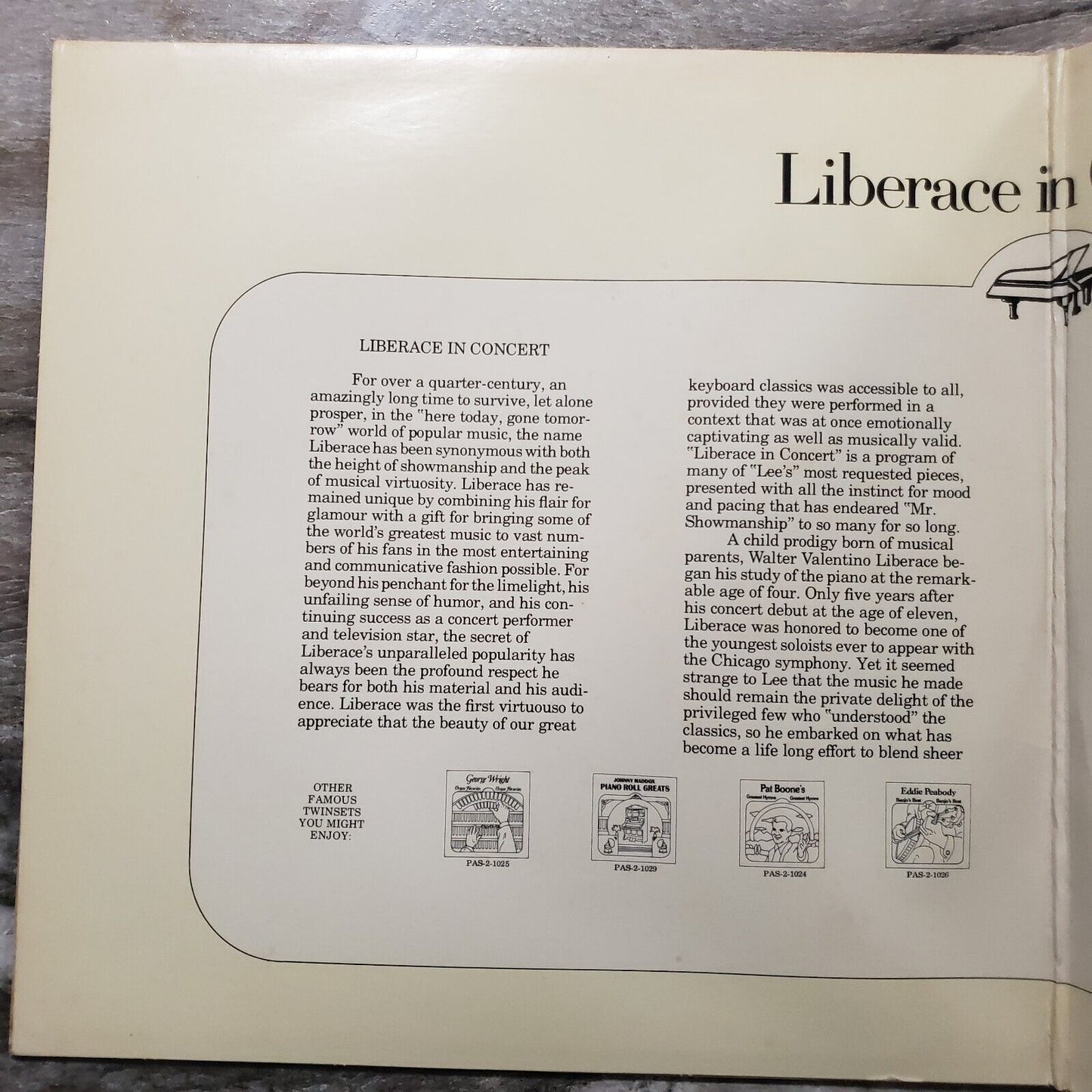 Liberace In Concert - 2 Disk Set! PAS-1032 Vinyl Record LP