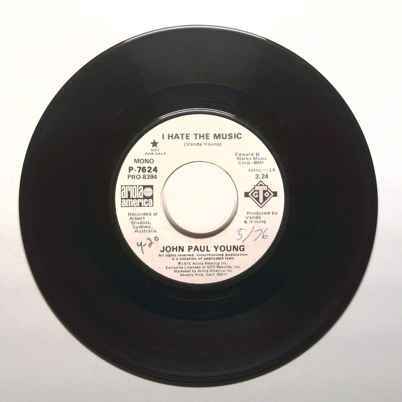 John Paul Young - I Hate The Music - Nor For Sale - Vinyl Record 45 RPM 7"