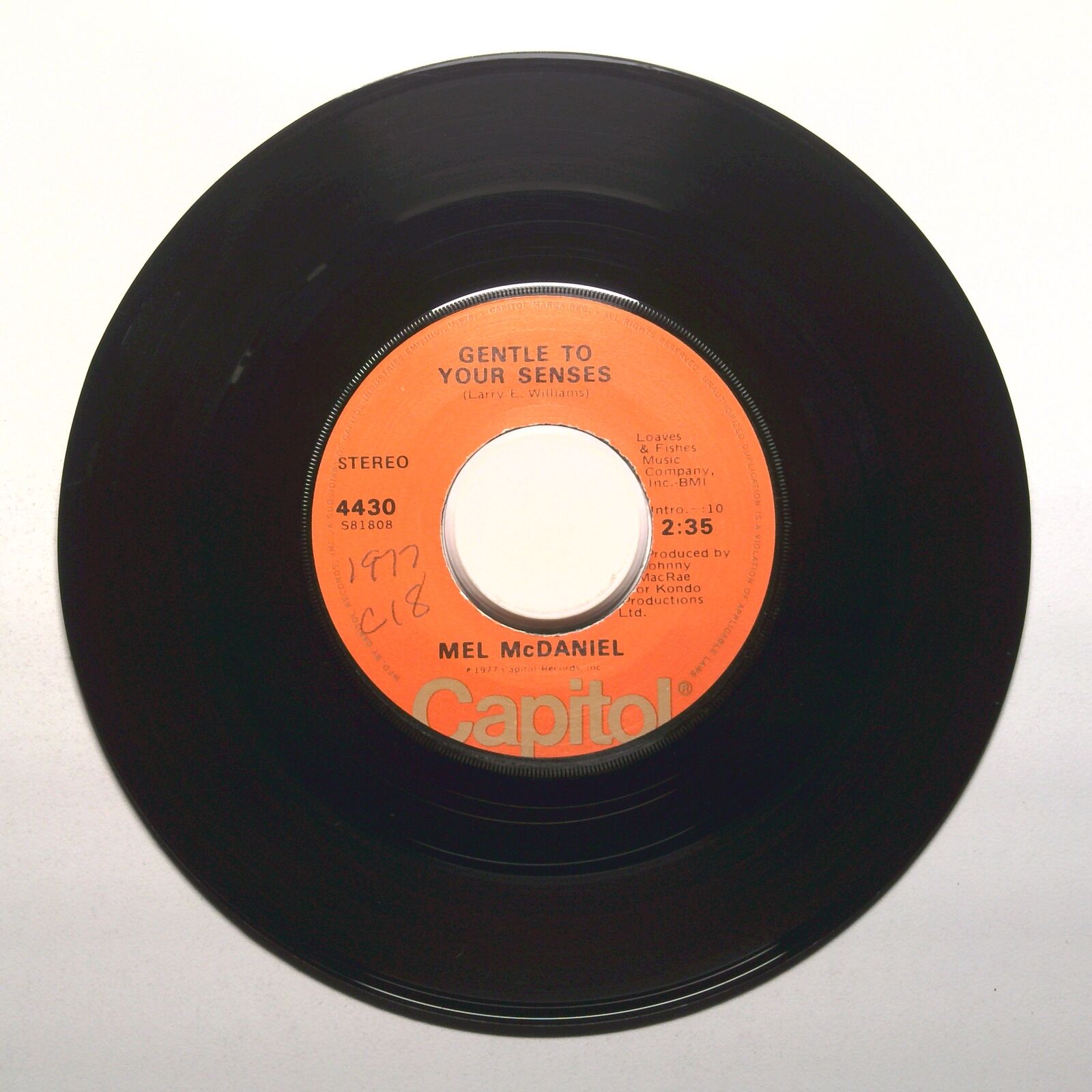 Mel McDaniel - Honky Tonk Lady; Gentle to Your Senses - Vinyl Record 45 RPM 7"