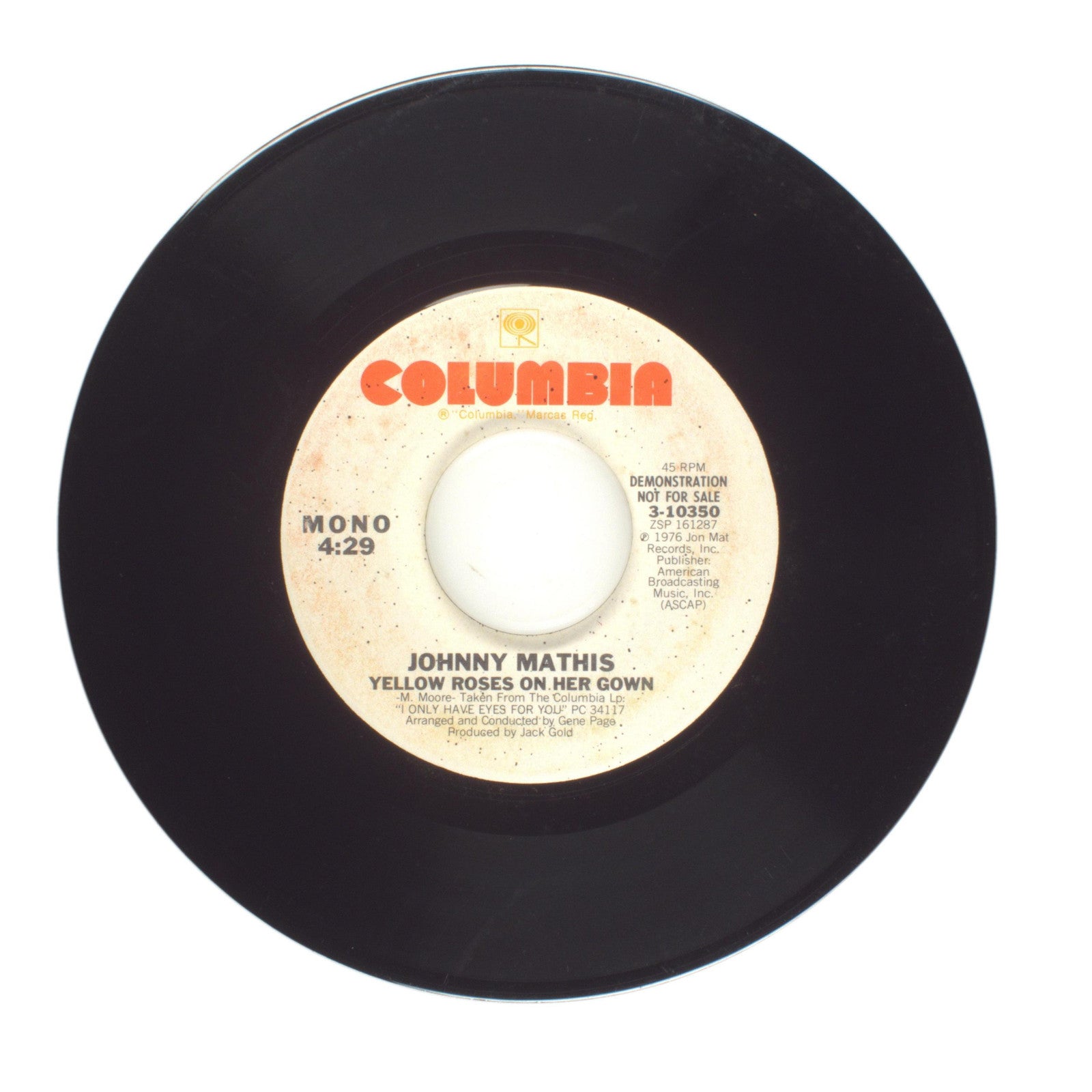 Johnny Mathis - Yellow Roses On Her Gown - Vinyl Record 45 RPM 7"